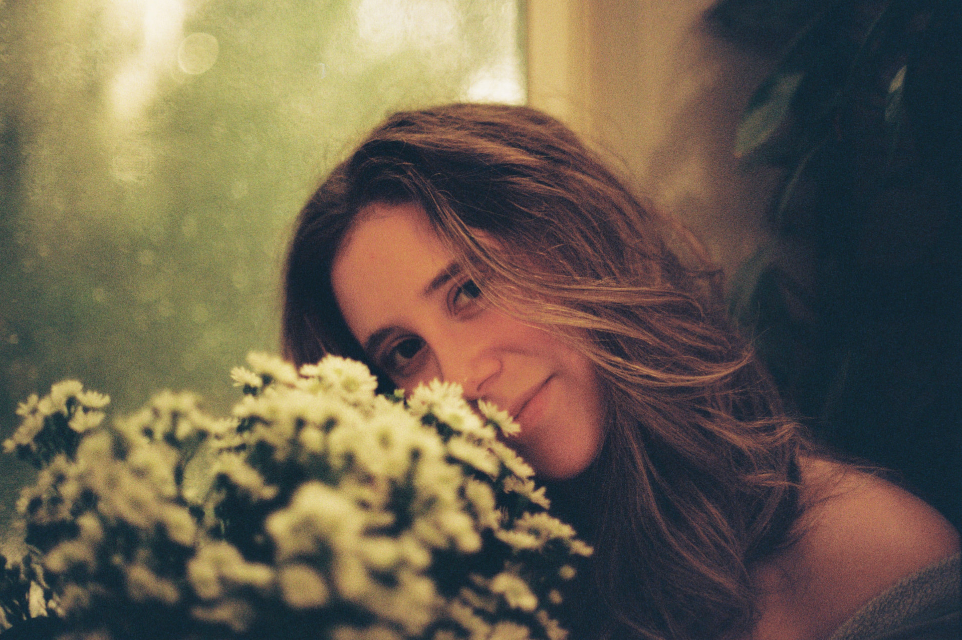 Portrait of a woman peeking over a bouquet of white daisies in warm window light
